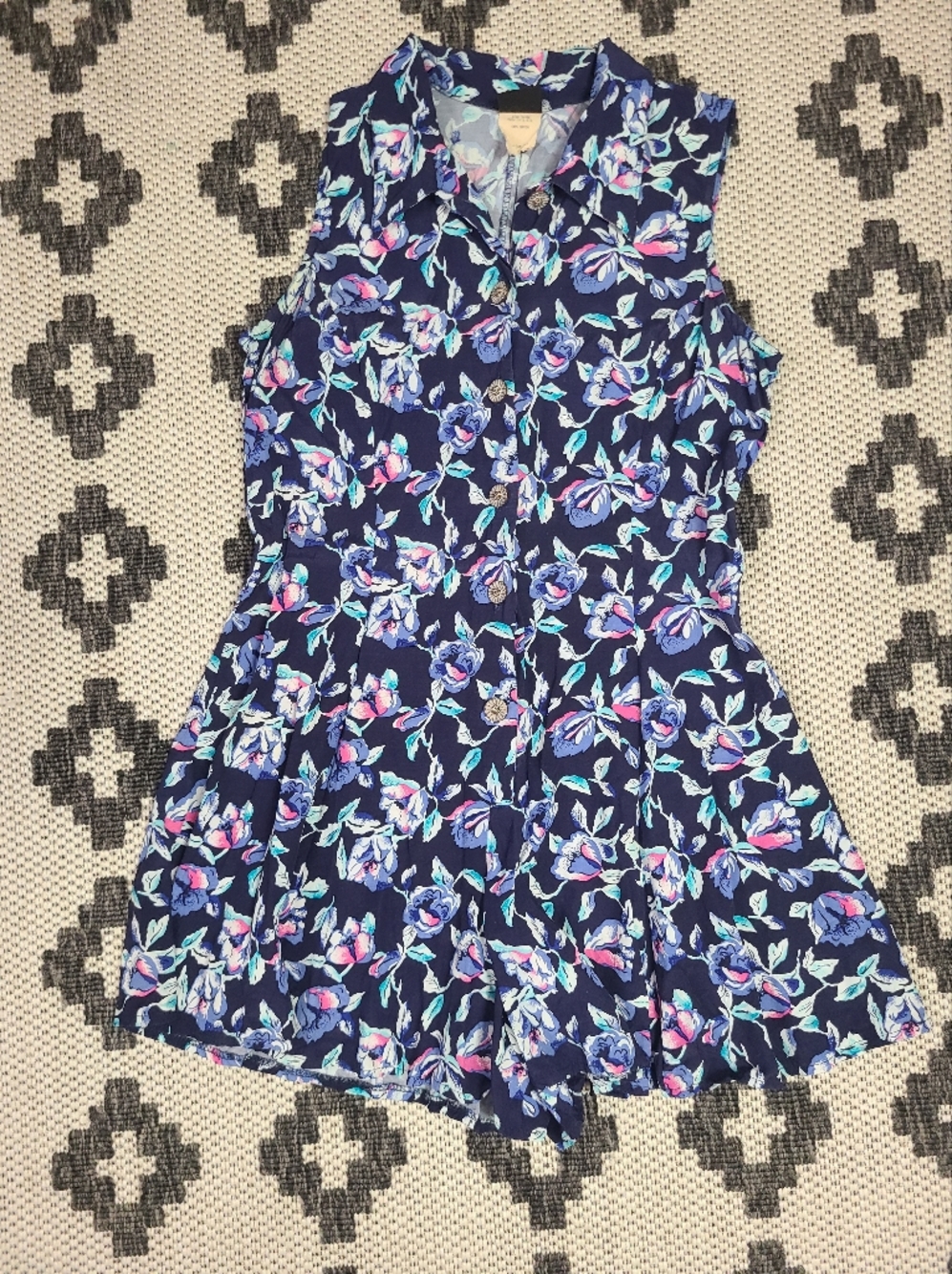 Vintage Navy Floral Button-Front Romper
